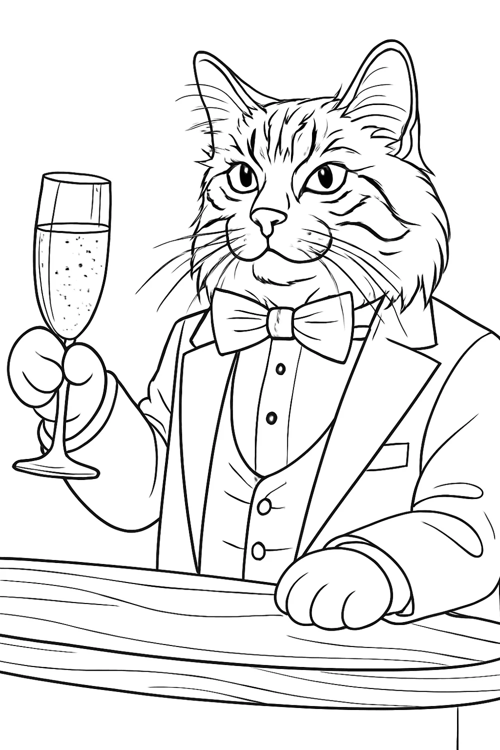 Coloring page of a festively dressed cat holding a glass