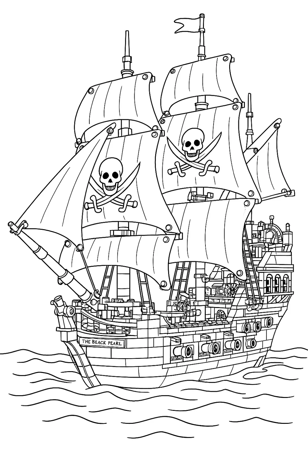 Detailed coloring page of a large pirate ship