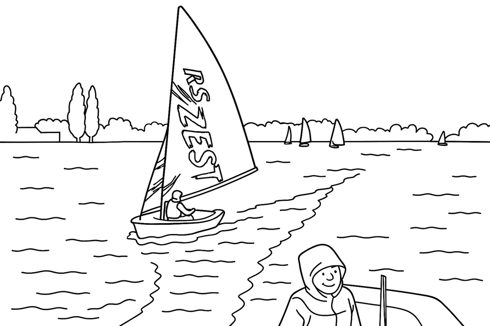 Coloring page of windsurfers and a child by the sea